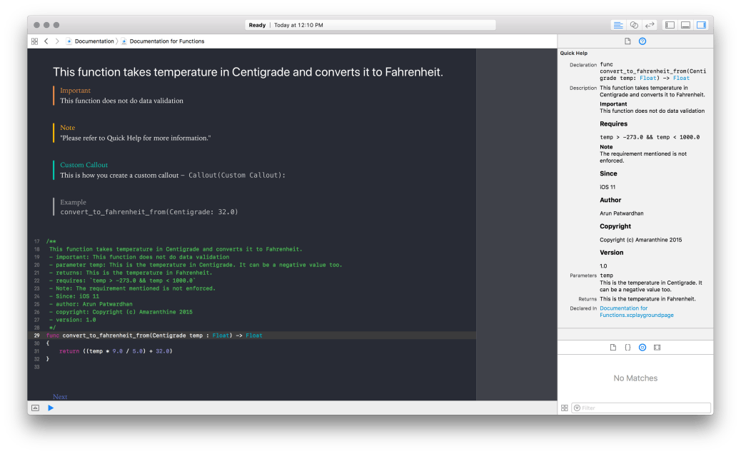 Formatted Markup for Playgrounds as well as Quick Help